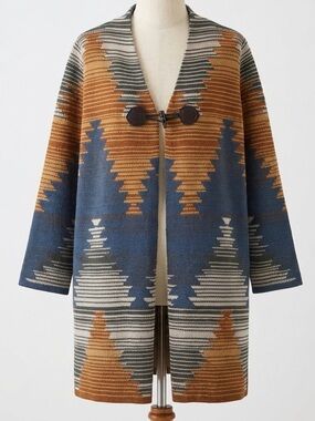 Aspen Southwestern Tribal Knit Cardigan Coat Rust Blue Geo Indie Boho Size L